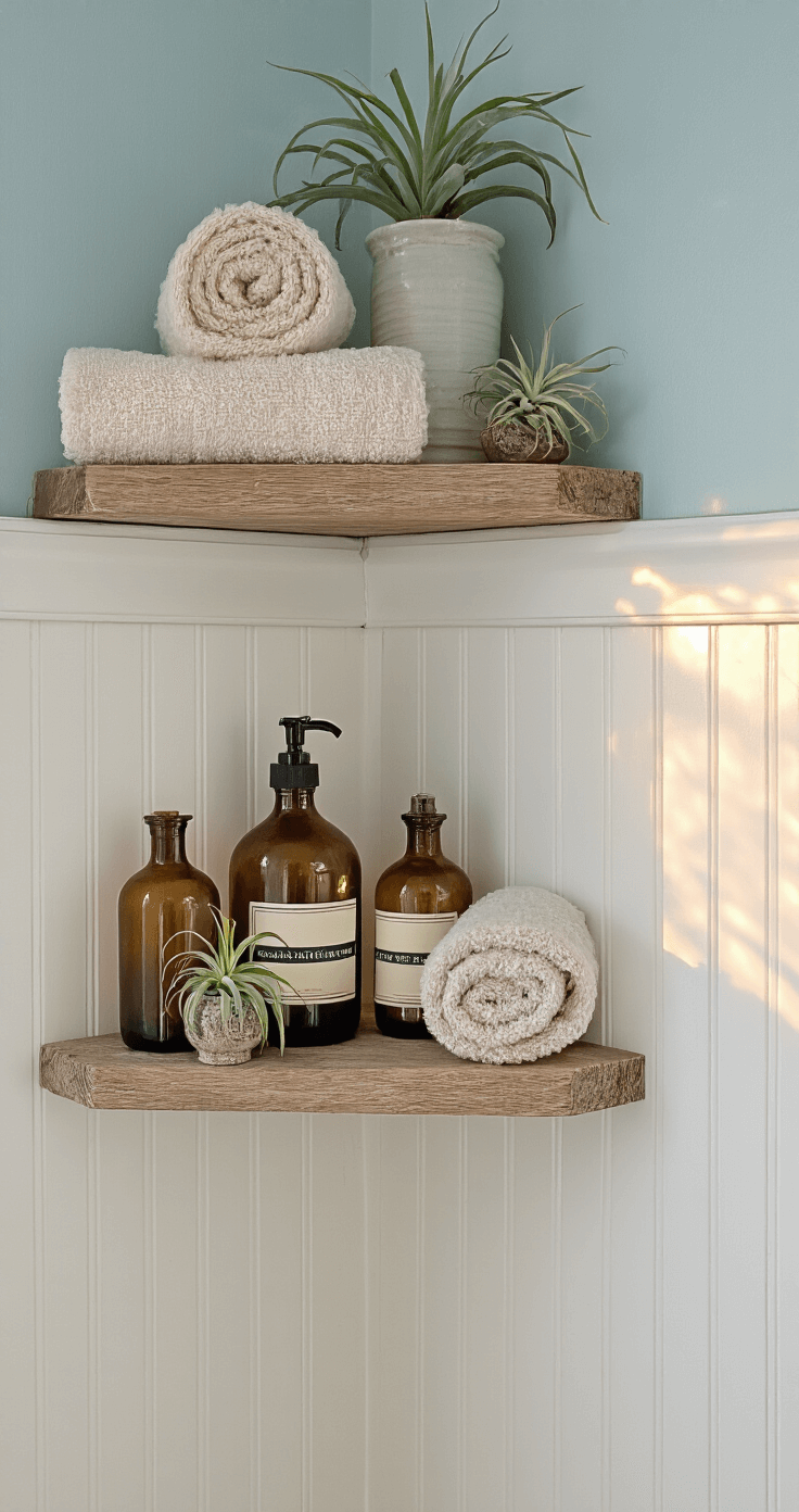 Creating a Dreamy Small Coastal Bathroom: Your Ultimate Design Guide Close-up of a bathroom corner vignette with white beadboard wainscoting and pale blue walls, showcasing weathered oak floating shelves adorned with vintage apothecary bottles, rolled Turkish towels, and air plants in ceramic vessels, illuminated by warm evening light and hidden LED strips.
