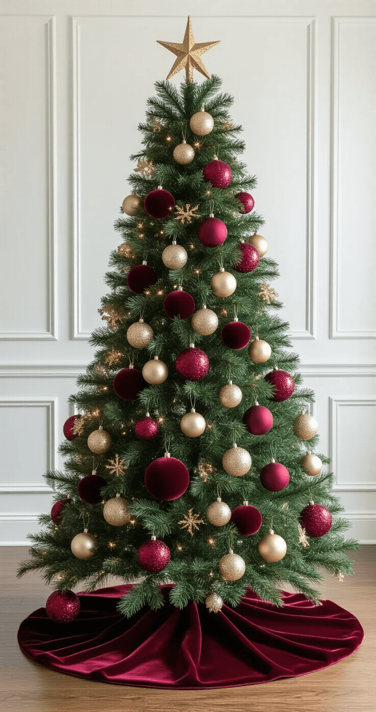 Burgundy Christmas Tree Decor: A Luxurious Holiday Transformation A professionally arranged burgundy Christmas tree in a well-lit studio living room, showcasing methodical ornament placement with large burgundy velvet, medium champagne gold, and delicate crystal ornaments clustered in groups. The tree is anchored on a white tree skirt, surrounded by minimalist decor including a white leather chair and glass side table, all captured with bright, even lighting for clarity and detail.