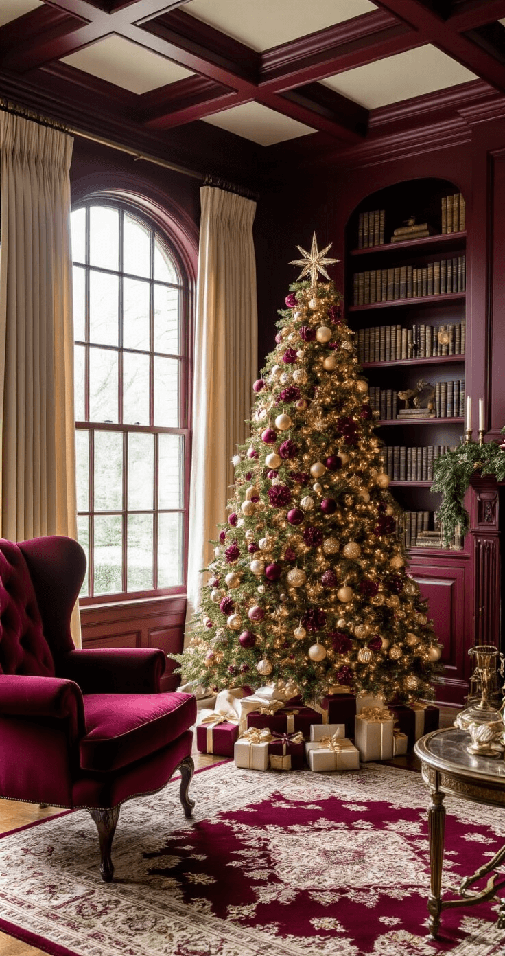 Burgundy Christmas Tree Decor: A Luxurious Holiday Transformation Luxurious holiday living room in burgundy, featuring a majestic Christmas tree, coffered ceilings, and elegant furnishings, illuminated by soft morning light.