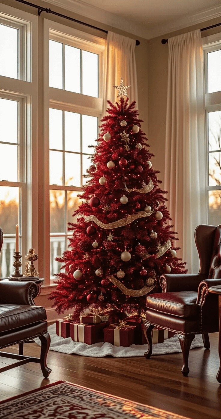 Burgundy Christmas Tree Decor: A Luxurious Holiday Transformation Editorial-style interior photography of a professionally styled burgundy Christmas tree in an elegant living room during golden hour, featuring warm sunlight filtering through sheer curtains, highlighting the tree's intricate texture and ornament details, with blurred background elements and a sophisticated color scheme.