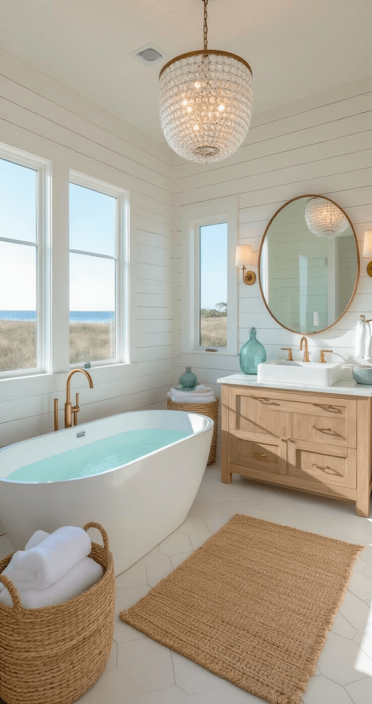 Transform Your Bathroom into a Serene Coastal Retreat: The Ultimate Modern Coastal Design Guide A modern coastal bathroom with a freestanding white oval tub, light wood double vanity, and large frosted windows, captured at golden hour with natural light streaming in, featuring white shiplap walls, a glass bubble chandelier, and sea glass accents.