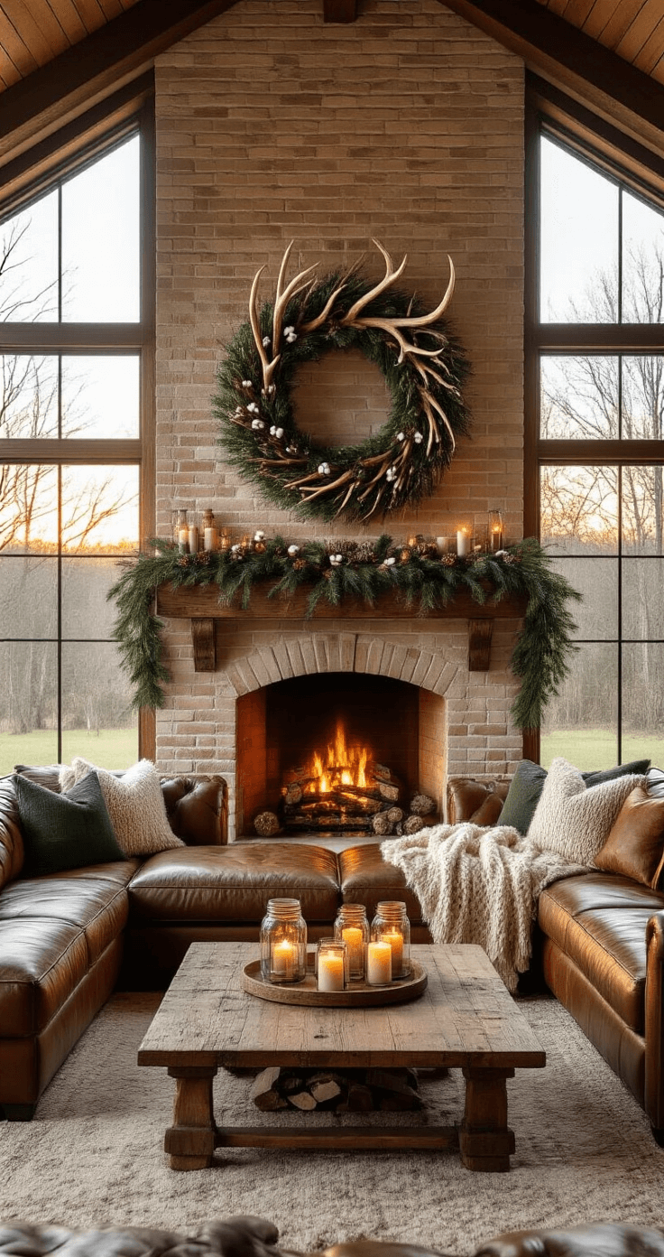 Rustic Christmas Decor: Your Ultimate Guide to Cozy Holiday Styling Photorealistic interior of a grand living room with vaulted ceilings, featuring a rustic Christmas wreath above a stone fireplace, a distressed leather sectional, and a reclaimed barnwood coffee table with flickering mason jar candles, illuminated by warm golden hour light.