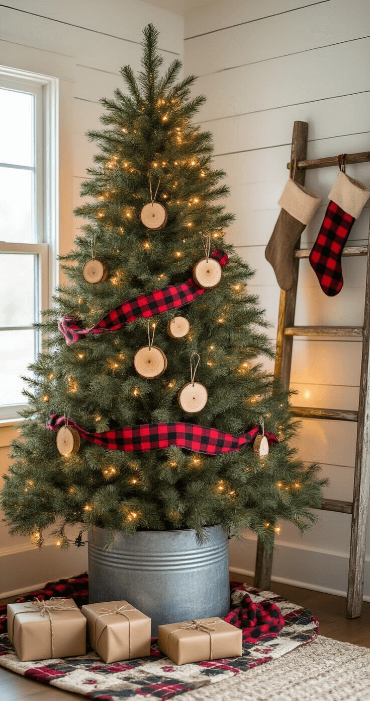 Rustic Christmas Decor: Your Ultimate Guide to Cozy Holiday Styling Intimate close-up of a farmhouse-style Christmas tree in a cozy den at twilight, featuring a Fraser fir in a galvanized bucket, decorated with wooden slice ornaments and buffalo plaid ribbon, illuminated by warm LED lights, with gifts in brown kraft paper beneath on a vintage quilt, against shiplap walls and a leaning distressed wooden ladder showcasing miniature stockings.