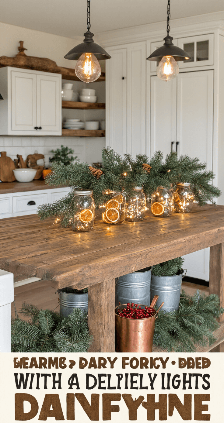 Rustic Christmas Decor: Your Ultimate Guide to Cozy Holiday Styling A rustic kitchen island adorned with a pine garland, dried orange slices, and cinnamon sticks, illuminated by afternoon light, surrounded by mason jars with fairy lights and galvanized buckets of evergreen sprigs, set against white farmhouse cabinets and warm copper accents.
