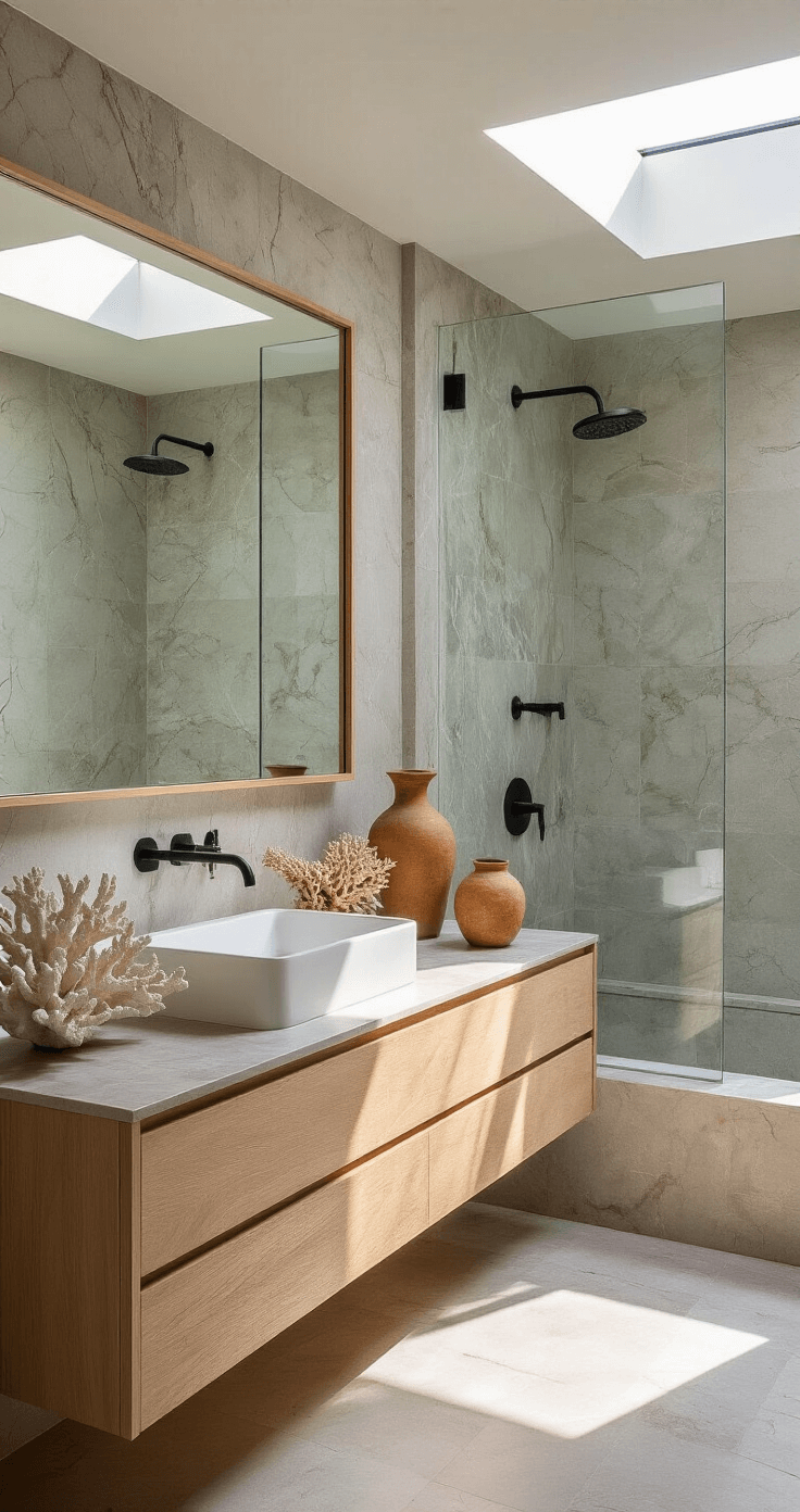 Transform Your Bathroom into a Serene Coastal Retreat: The Ultimate Modern Coastal Design Guide Contemporary coastal bathroom with floor-to-ceiling marble tile, a floating bleached oak vanity, a wide frameless mirror, and organic accessories like coral sculptures and ceramic containers, captured during morning golden hour.
