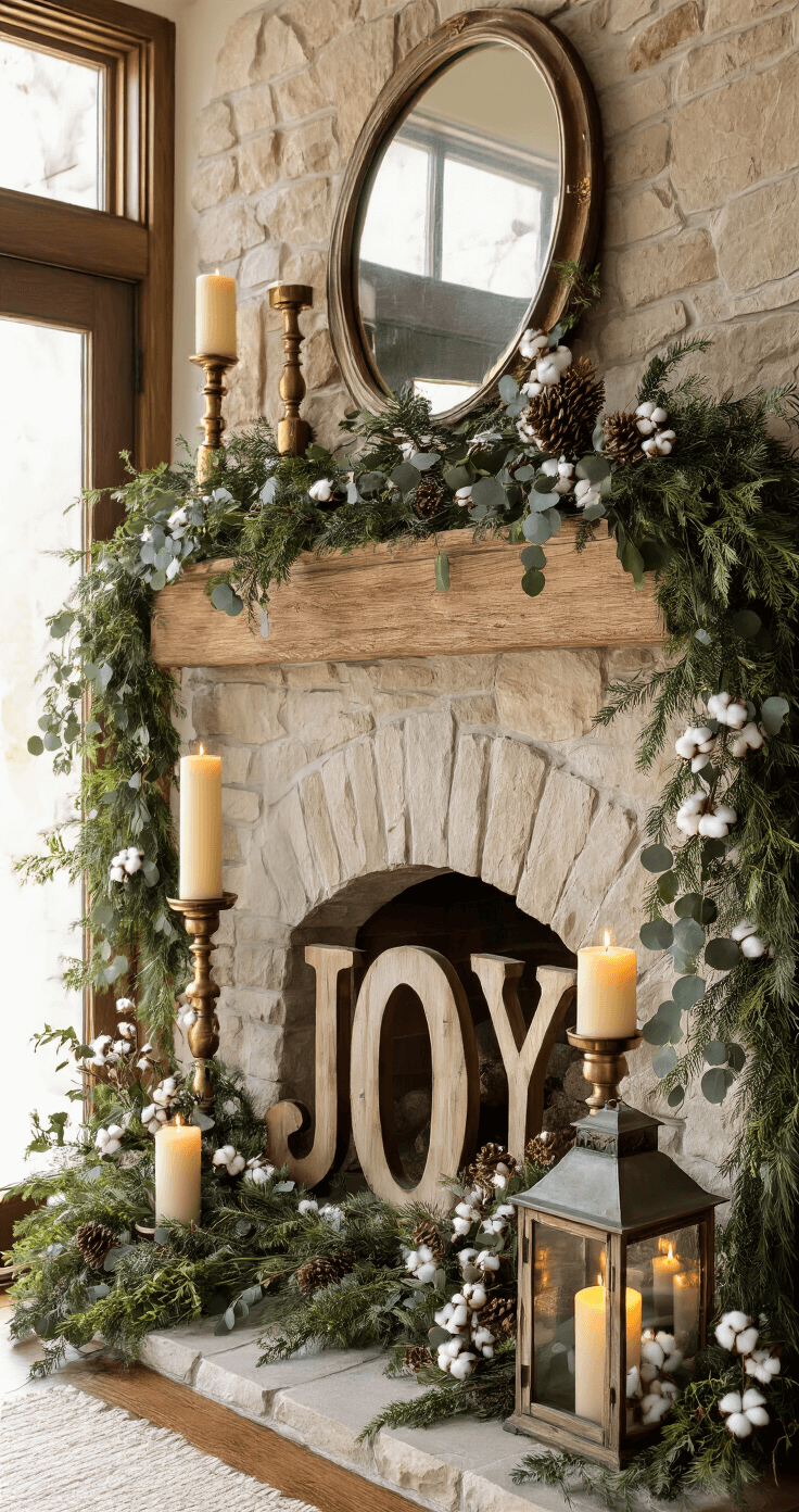 Rustic Christmas Decor: Your Ultimate Guide to Cozy Holiday Styling A beautifully styled mantelpiece featuring a reclaimed wood mantel above a fieldstone fireplace, adorned with mixed evergreen garland, eucalyptus, and cotton stems, vintage brass candlesticks with ivory candles, distressed wooden letters spelling 'JOY', and a weathered lantern. The scene is bathed in golden hour light from French doors, with a large antiqued mirror reflecting the warm glow, all captured from a slightly below mantel height angle.