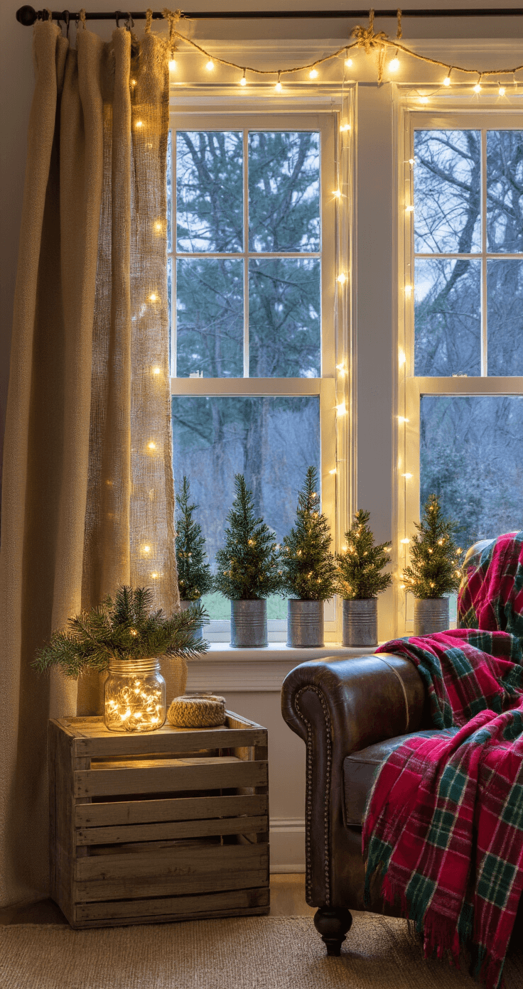 Rustic Christmas Decor: Your Ultimate Guide to Cozy Holiday Styling Cozy reading nook adorned for Christmas during blue hour, featuring a leather armchair near a tall window with burlap curtains, a vintage crate side table with a mason jar of lights and pine, a red and green plaid throw, and small potted evergreens on the windowsill, all illuminated by string lights.