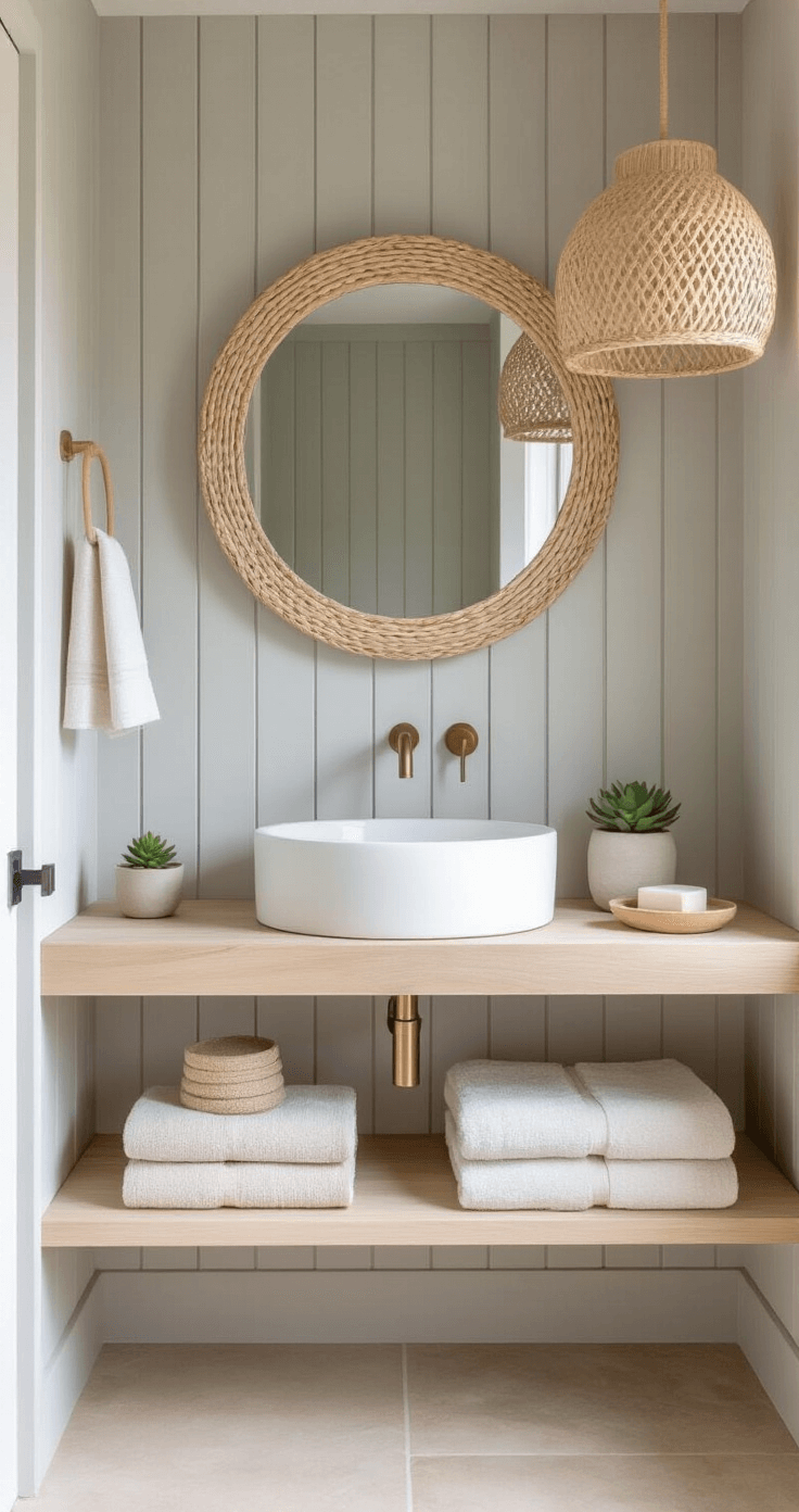 Transform Your Bathroom into a Serene Coastal Retreat: The Ultimate Modern Coastal Design Guide Minimalist coastal powder room with vertical shiplap walls in pale gray, featuring a floating bleached teak vanity with a matte white vessel sink, round rattan mirror, woven pendant light, and sandy beige concrete floor tiles, accented with a handmade ceramic soap dish, potted succulent, and natural fiber hand towels.