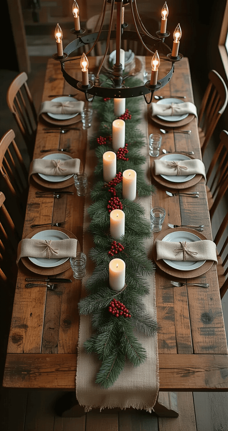 Rustic Christmas Decor: Your Ultimate Guide to Cozy Holiday Styling A candlelit dining room centerpiece featuring a reclaimed barn door harvest table adorned with fresh pine garland, white candles, wooden charger plates with linen napkins, burlap-wrapped mason jars filled with red winterberries, and a wrought iron chandelier, all captured from above.