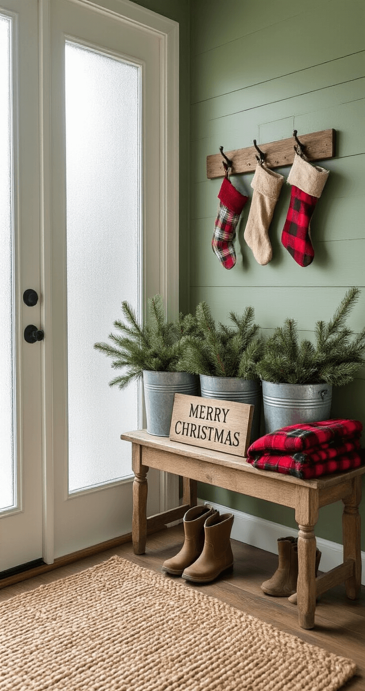Rustic Christmas Decor: Your Ultimate Guide to Cozy Holiday Styling Rustic Christmas entryway vignette featuring a vintage wooden bench with galvanized buckets of evergreen, a weathered 'Merry Christmas' sign, cozy plaid throws, burlap and red flannel stockings, and snow boots on a braided jute rug, all set against serene sage green shiplap walls.