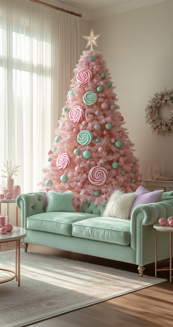 Candy Christmas Tree: A Sweet Twist on Holiday Decor That Will Melt Your Heart A photorealistic living room featuring an 8-foot candy-themed Christmas tree with oversized lollipop ornaments, surrounded by a mint green velvet sofa, pastel Persian rug, and warm golden hour lighting.