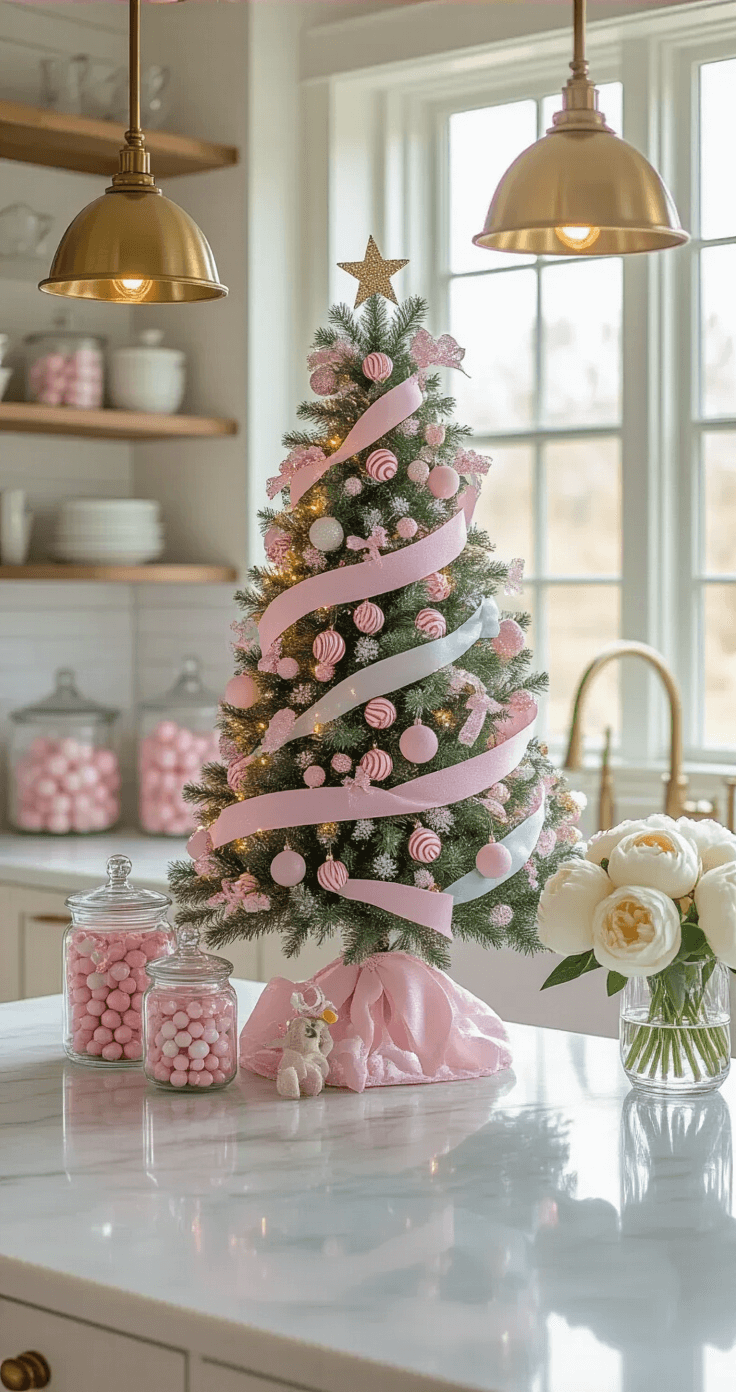 Candy Christmas Tree: A Sweet Twist on Holiday Decor That Will Melt Your Heart Intimate kitchen scene featuring a marble countertop island adorned with candy Christmas decor, a compact decorated tree, vintage glass canisters, and fresh white peonies, all illuminated by warm light.
