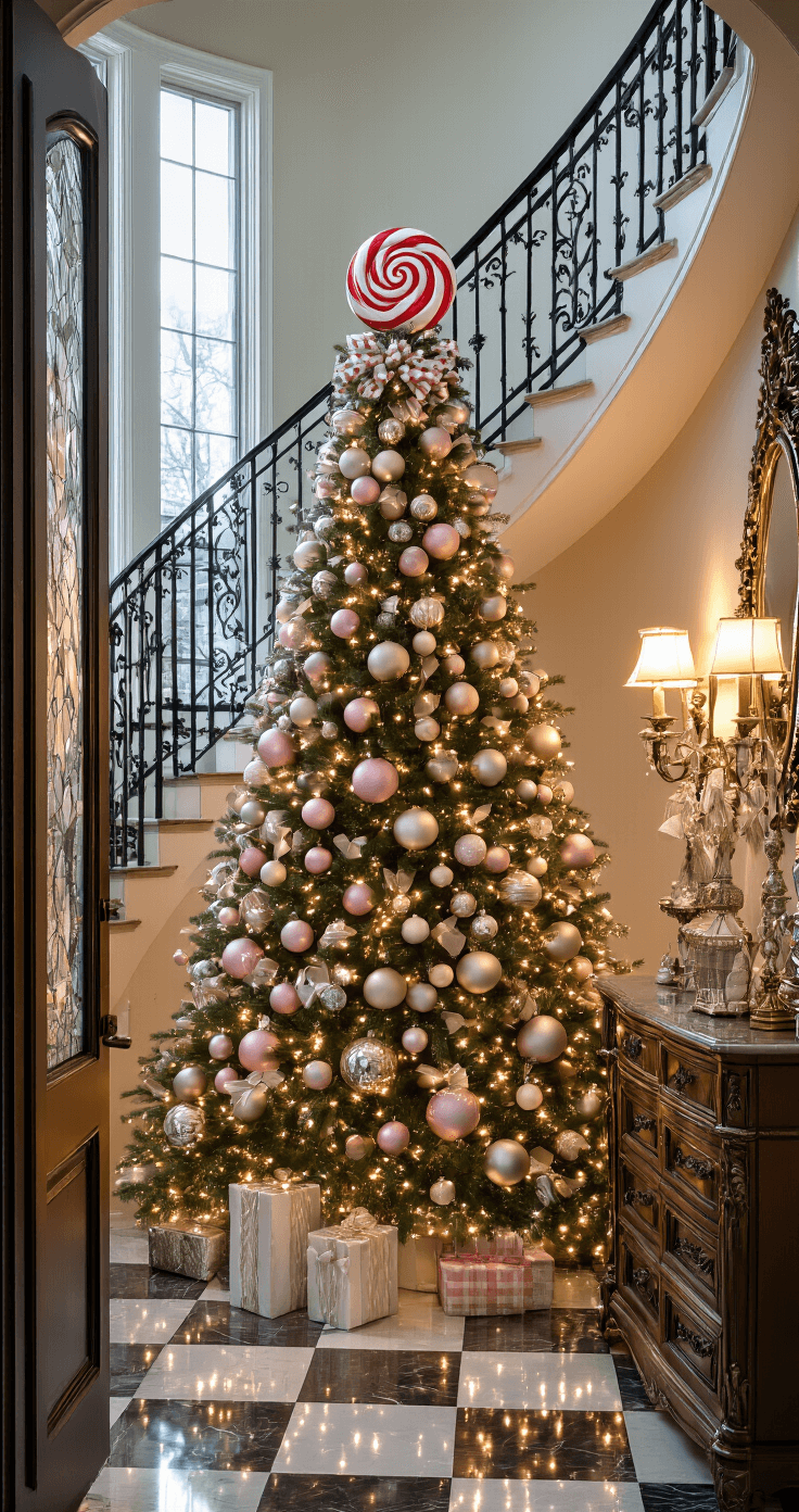 Candy Christmas Tree: A Sweet Twist on Holiday Decor That Will Melt Your Heart Elegant entryway featuring a dramatic 7-foot candy Christmas tree with an oversized lollipop ornament and cascading layers of pastel glass baubles, set against a curved staircase. Checkered marble flooring reflects the lights, while an antique console table displays matching decor. Evening twilight filters through frosted glass doors, enhanced by warm sconce lighting, with a low-angle view emphasizing the tree's height and ornamental details.