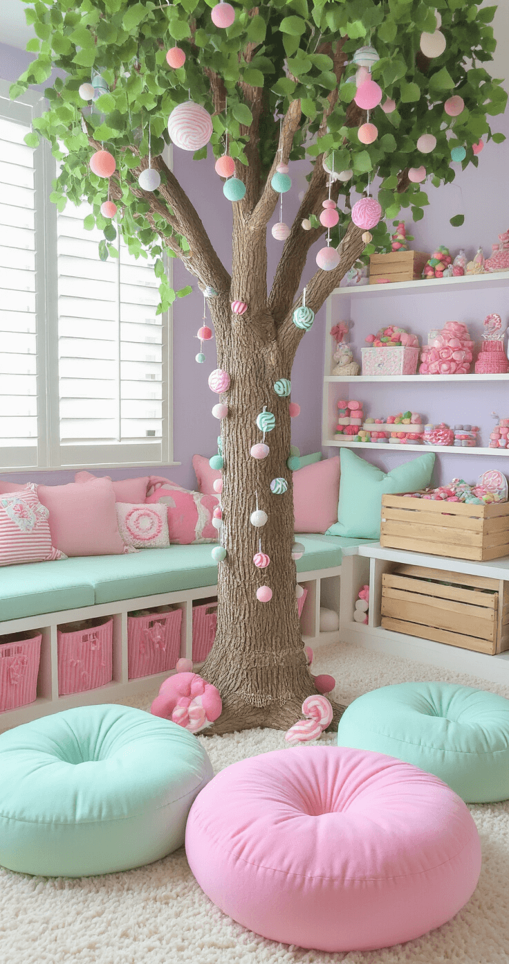 Candy Christmas Tree: A Sweet Twist on Holiday Decor That Will Melt Your Heart A whimsical kids' playroom transformed into a candy wonderland, featuring a medium-sized tree adorned with DIY felt candy ornaments and pastel ribbons, surrounded by a plush reading nook with oversized cushions in mint green and bubblegum pink. Built-in shelves display faux candy decorations, while soft white carpet and pale lavender walls enhance the magical atmosphere illuminated by gentle mid-morning light filtering through plantation shutters.