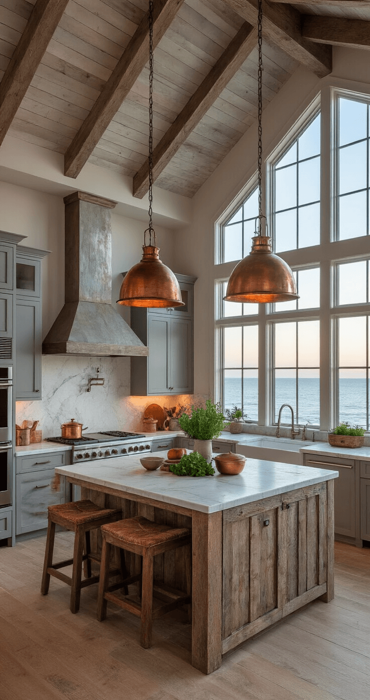 Coastal Chic Kitchen: Transform Your Space into a Breezy Seaside Sanctuary Dramatic evening kitchen featuring vaulted driftwood beams, floor-to-ceiling windows with ocean views, weathered grey cabinets, white Carrara marble counters, oversized copper lanterns, and a reclaimed wood island with a concrete top, styled with vintage copper pots and fresh herbs.