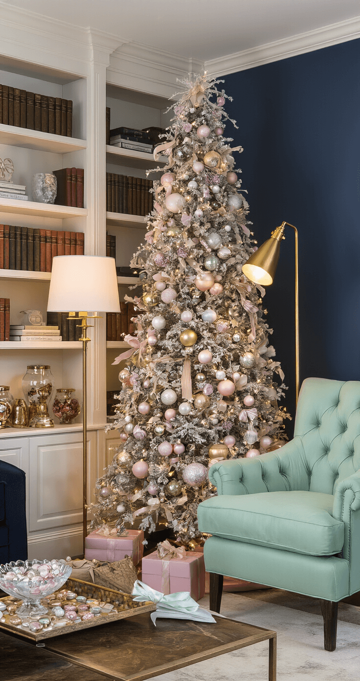 Candy Christmas Tree: A Sweet Twist on Holiday Decor That Will Melt Your Heart Sophisticated living room corner featuring a candy Christmas tree adorned with pastel glass ornaments, a tufted mint green armchair, brass floor lamp, and a marble side table with a crystal bowl, all set against deep navy walls.