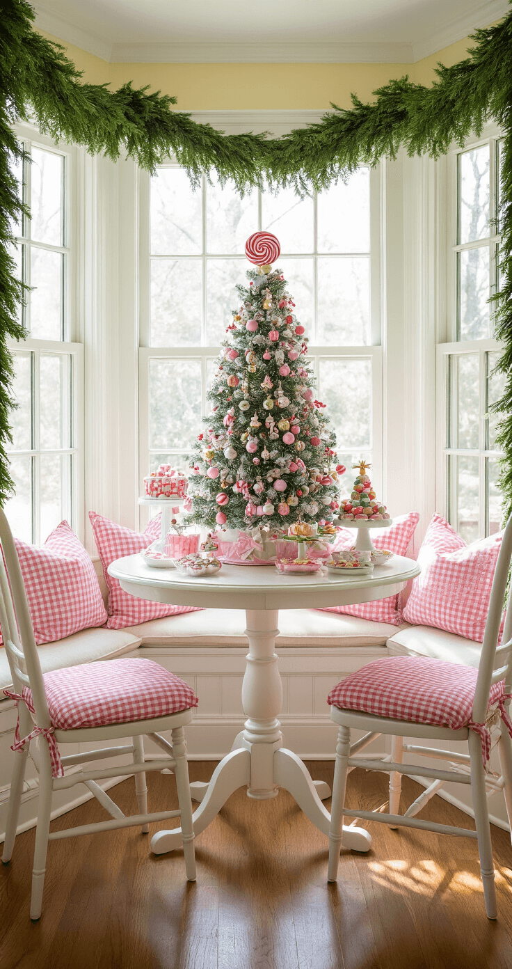 Candy Christmas Tree: A Sweet Twist on Holiday Decor That Will Melt Your Heart Bright breakfast nook with a compact candy-themed Christmas display, featuring a small tabletop tree on a round pedestal table, surrounded by ladder-back chairs with gingham cushions. Sunlight streams through a large bay window adorned with fresh greenery garland, highlighting metallic gold accents and a colorful bubblegum pink and creamy white palette.