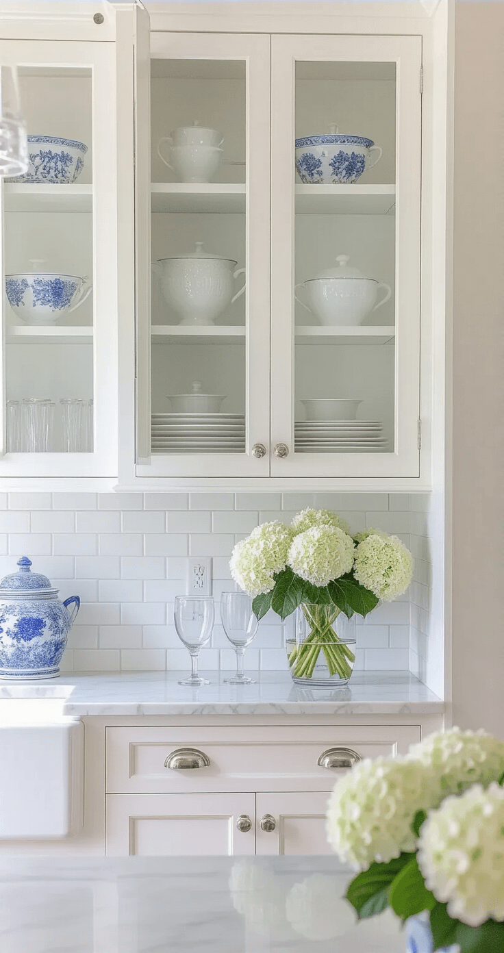 Coastal Chic Kitchen: Transform Your Space into a Breezy Seaside Sanctuary Bright kitchen with butler's pantry, white-painted inset panel ceiling, custom glass-front cabinets displaying white ironstone and blue vintage glassware, polished nickel fixtures, marble subway tile backsplash, and white hydrangeas in a mercury glass vase, captured straight-on with shallow depth of field.
