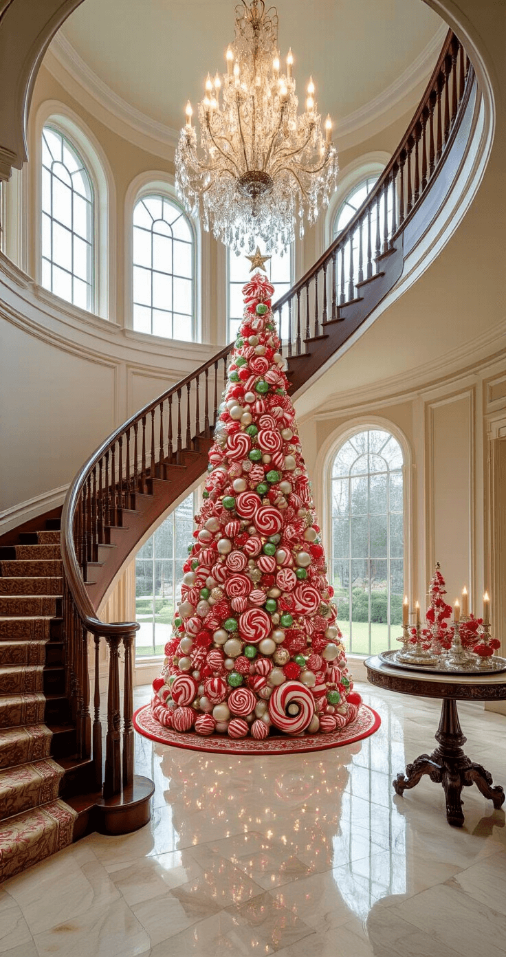 Candy Christmas Tree: A Sweet Twist on Holiday Decor That Will Melt Your Heart An elegant foyer with a grand 9-foot candy Christmas tree beneath a crystal chandelier, framed by a curved dark wood staircase and adorned with a Persian runner. Golden hour light streams through tall windows, illuminating oversized candy decorations at the base and delicate ornaments filling the upper branches. An antique demilune table showcases matching silver decorations, while marble flooring reflects the warm glow of lights. Shot from a dramatic low angle, highlighting the grandeur of the space.
