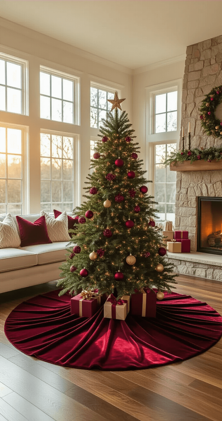 The Ultimate Guide to Christmas Tree Skirts: Elevate Your Holiday Decor A cozy living room at golden hour featuring a luxurious deep burgundy velvet Christmas tree skirt around a 7-foot Fraser fir, adorned with red and gold ornaments. Cream sofas with cable-knit pillows frame the scene, while a softly glowing stone fireplace and gleaming hardwood floors enhance the intimate holiday ambiance.