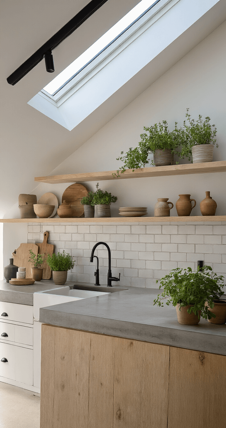Coastal Chic Kitchen: Transform Your Space into a Breezy Seaside Sanctuary Aerial view of a modern coastal kitchen at dawn, featuring clean white cabinets, bleached oak shelves, industrial concrete countertops, and matte black fixtures, beautifully styled with potted herbs, wooden cutting boards, and handmade pottery, all illuminated by soft morning light through a skylight.