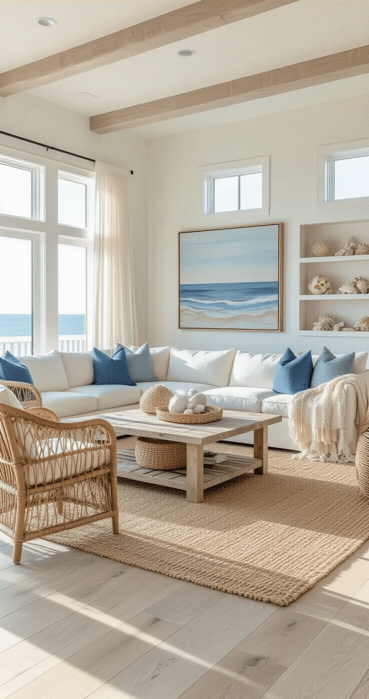 Coastal Home Decor: Your Ultimate Florida-Inspired Sanctuary A sunlit coastal living room with floor-to-ceiling windows, featuring a cream sectional sofa, rattan chairs, and a driftwood coffee table, layered with a jute rug. Decorated with seashells, a large abstract seascape, and soft blue-grey accents, all captured at golden hour.