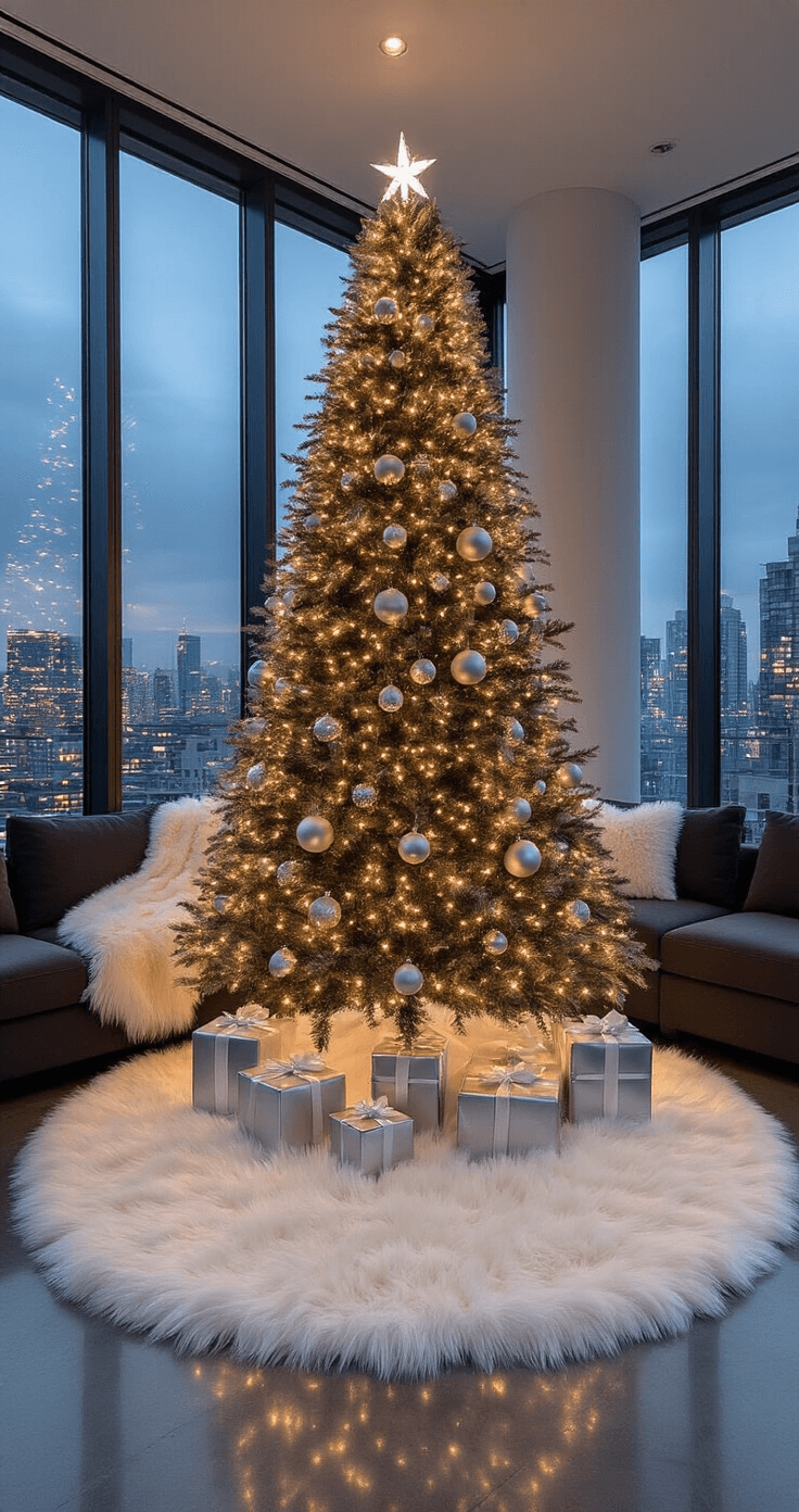 The Ultimate Guide to Christmas Tree Skirts: Elevate Your Holiday Decor An elegant contemporary living room at twilight featuring a symmetrical 8-foot Nordmann fir adorned with silver and crystal ornaments, a plush white faux fur tree skirt, sleek charcoal sectional sofas, and floor-to-ceiling windows displaying city lights.