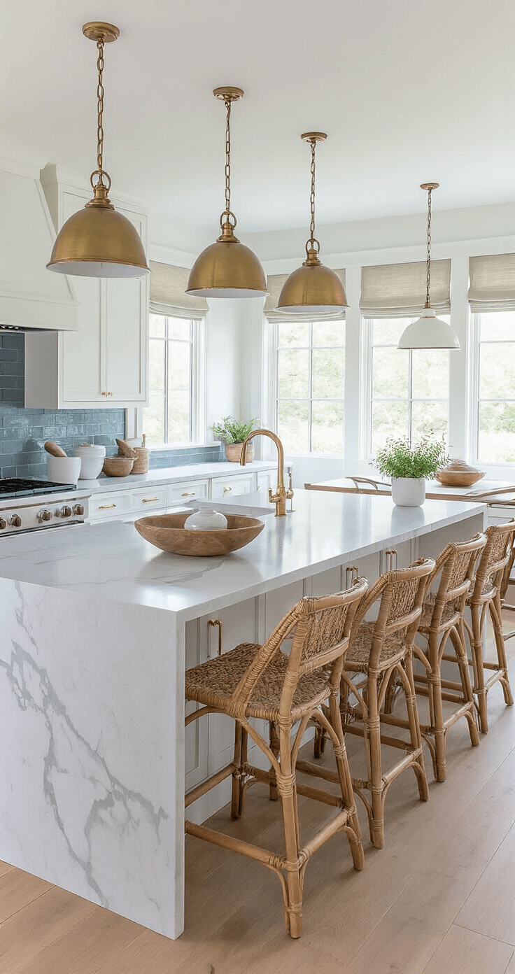 Coastal Home Decor: Your Ultimate Florida-Inspired Sanctuary Airy open-concept kitchen with white Shaker cabinets, brass hardware, and pale grey quartz countertops, featuring a marble-topped island with rattan barstools, vintage brass pendant lights, and natural light streaming through windows with roman shades, accented by a blue-grey subway tile backsplash and styled with white ceramics, a driftwood bowl, and terracotta herb pots.
