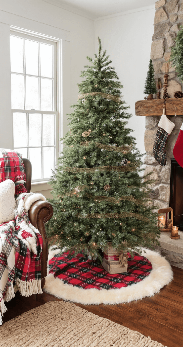 The Ultimate Guide to Christmas Tree Skirts: Elevate Your Holiday Decor A cozy cottage living room adorned for Christmas, featuring a layered tree skirt of cream faux fur and red plaid beneath a 6-foot balsam fir, with traditional tartan ornaments and wooden decorations. A crackling stone fireplace with stockings on a rustic mantel, antique quilts on a leather armchair, braided rugs on pine floors, and mason jar candles enhance the warm, nostalgic atmosphere. The scene is captured from floor level, highlighting the textures and dramatic lighting.