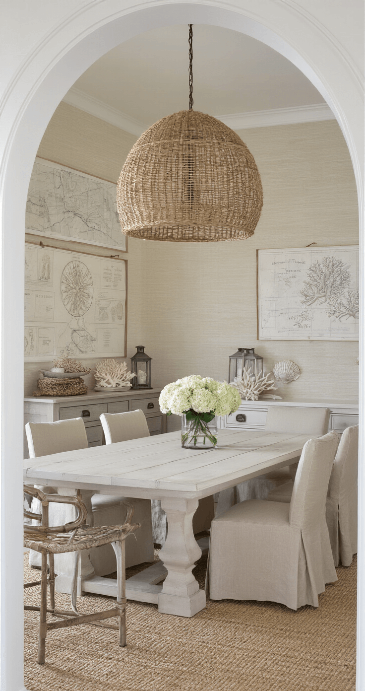 Coastal Home Decor: Your Ultimate Florida-Inspired Sanctuary A coastal dining room featuring a whitewashed trestle table with natural linen slipcovered chairs, an oversized woven chandelier casting shadows, and pale sand-toned grasscloth wallpaper. The scene includes a centerpiece of white hydrangeas, a gallery wall of vintage maritime maps, and a sisal rug, with a weathered grey wood buffet adorned with hurricane lanterns and shells, all captured in a late afternoon glow.