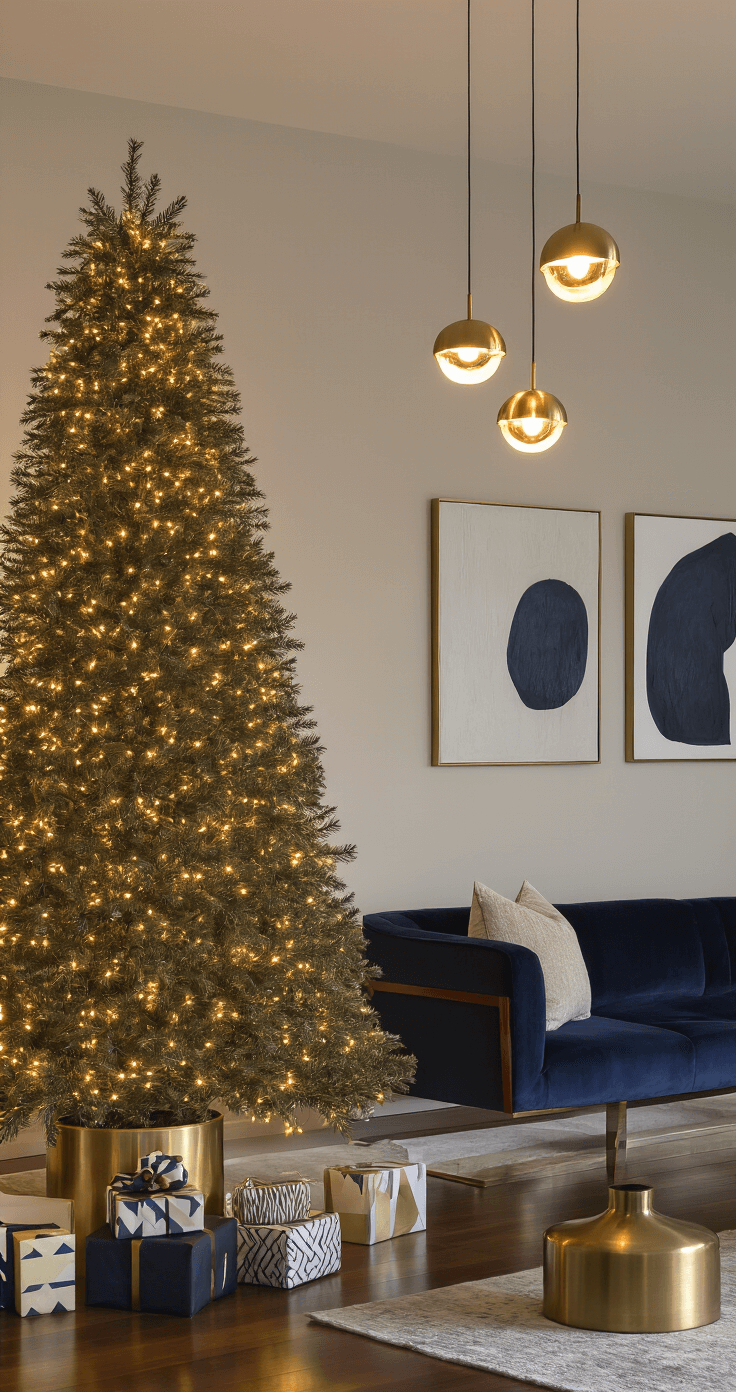 The Ultimate Guide to Christmas Tree Skirts: Elevate Your Holiday Decor A sophisticated urban apartment living room at evening, featuring a slim 7-foot Fraser fir with a sleek metallic gold tree collar, illuminated by designer pendant lights and surrounded by mid-century modern furniture, large abstract paintings, and geometric-patterned gifts.