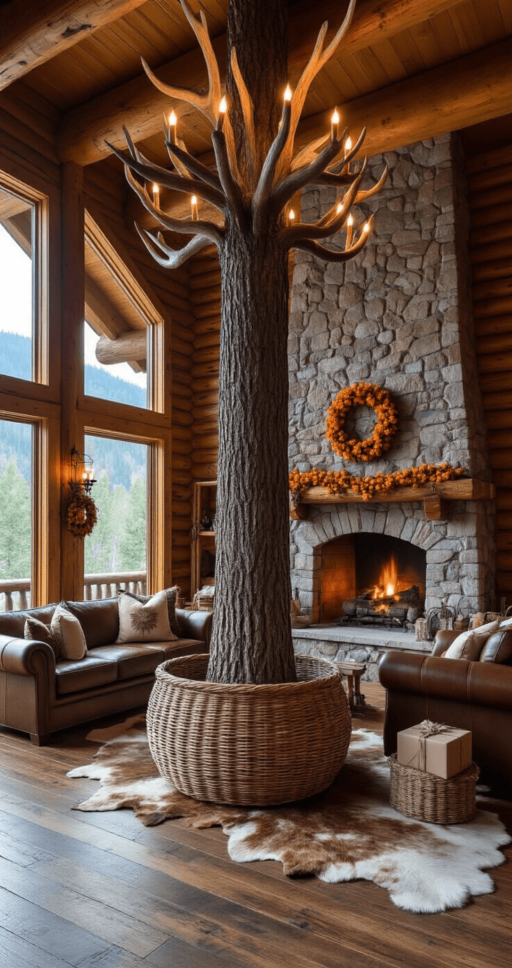 The Ultimate Guide to Christmas Tree Skirts: Elevate Your Holiday Decor A rustic mountain cabin great room at blue hour, featuring a 9-foot Douglas fir in a woven rattan basket, exposed log walls, stone fireplace, leather furniture with Native American textiles, antler chandeliers, and pine plank floors, all enhanced by warm and blue light.