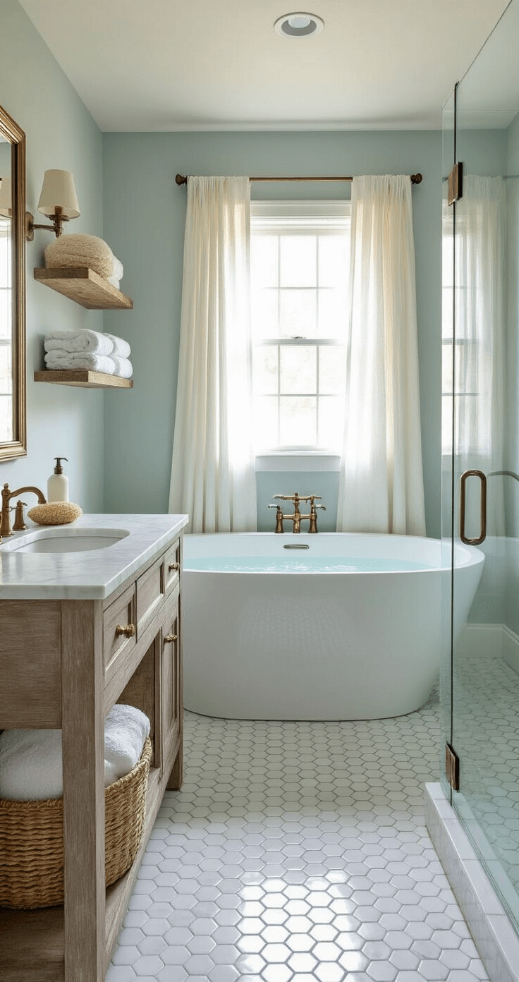 Coastal Home Decor: Your Ultimate Florida-Inspired Sanctuary Serene bathroom featuring a soaking tub under a window with gauzy curtains, hexagon marble floor tiles, weathered wood vanity with brass fixtures, and a glass shower enclosure, all bathed in soft morning light.