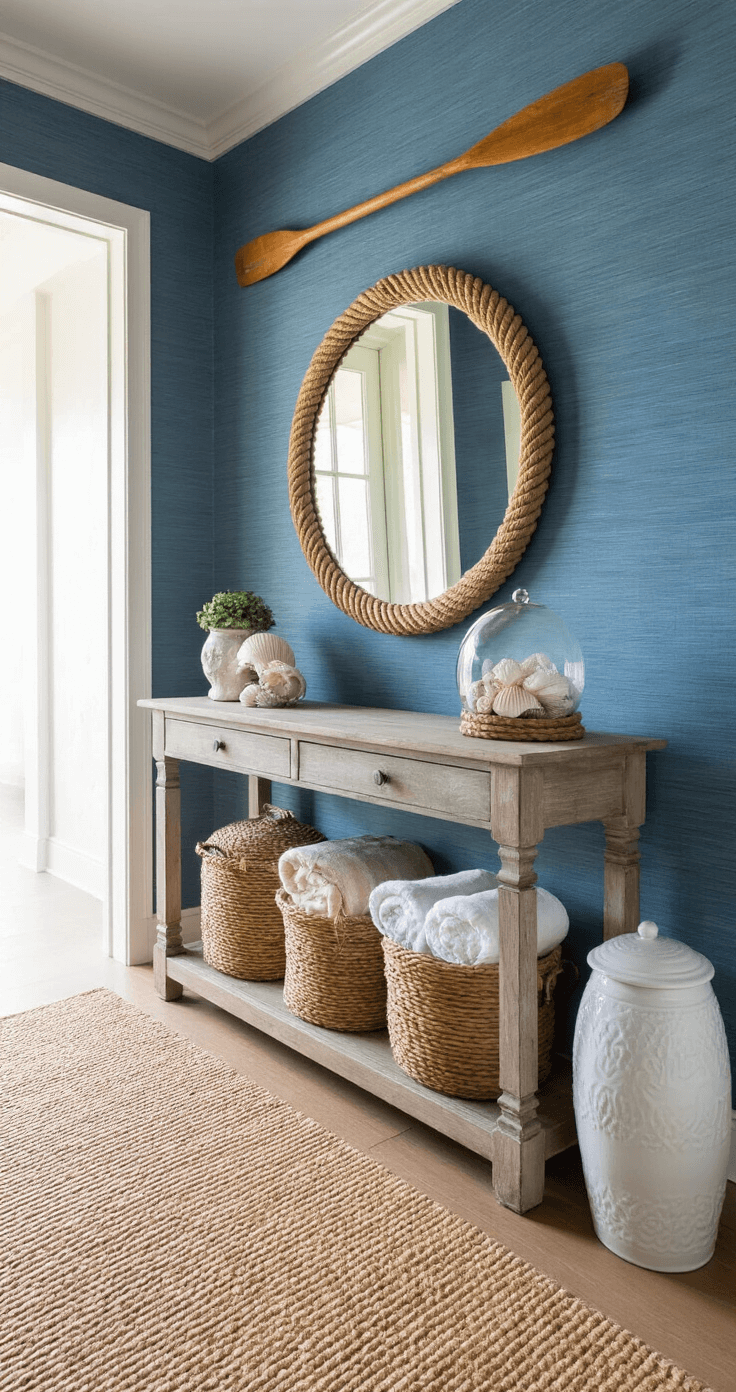 Coastal Home Decor: Your Ultimate Florida-Inspired Sanctuary Welcoming entry foyer with coastal blue grasscloth wallpaper, weathered console table, oversized round mirror, woven basket collection, vintage oar wall art, crisp white ceramic garden stool, and sisal runner leading to a living space, illuminated by late morning light.