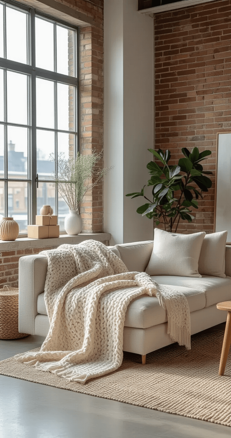 The Ultimate Guide to Christmas Tree Skirts: Elevate Your Holiday Decor A stylish loft apartment with minimalist decor, featuring a cream wool blanket on a noble fir base, industrial exposed brick walls, light oak furniture, and natural elements, all illuminated by warm afternoon light.