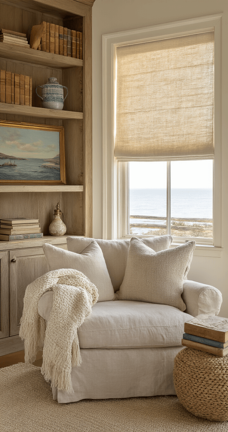Coastal Home Decor: Your Ultimate Florida-Inspired Sanctuary Cozy reading nook in master suite with oversized linen chair, weathered oak bookshelf, natural fiber roman shade, chunky knit throw, distressed ceramic side table, maritime brass lamp, seascape painting, and braided jute pouf, all bathed in warm golden hour light.