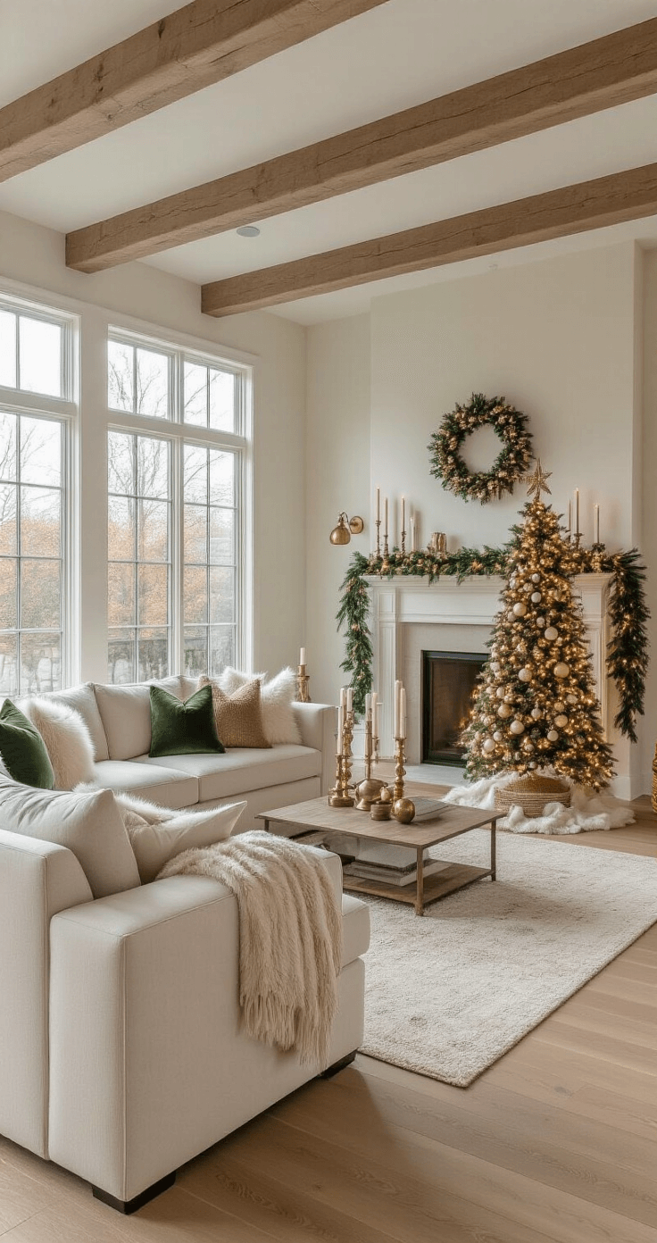 Christmas Decor 2025: A Modern Nostalgic Holiday Styling Guide Professional interior photograph of a modern nostalgic living room during golden hour, featuring white oak hardwood floors, exposed wooden beams, a large sectional sofa, a vintage Christmas tree, and warm ambient light filtering through tall windows.