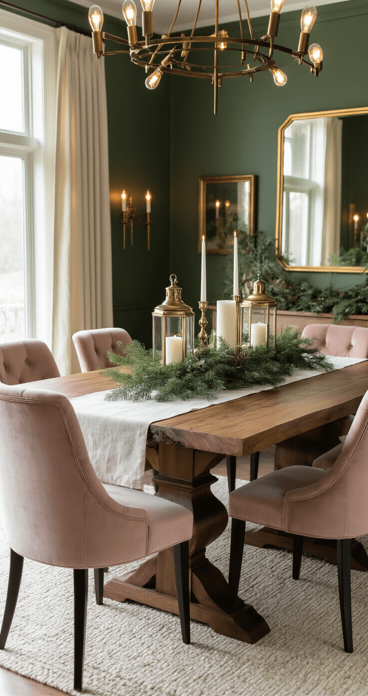 Christmas Decor 2025: A Modern Nostalgic Holiday Styling Guide Sophisticated holiday dining room with moss green and brass color scheme, featuring a live-edge walnut table set for six, eucalyptus and linen runner, mixed-height centerpiece of brass lanterns and candles, blush velvet chairs, and deep sage walls with gold mirrors reflecting candlelight.