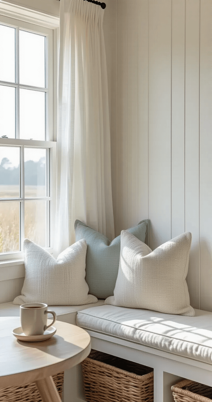 Coastal White Kitchen: Your Ultimate Guide to Breezy, Elegant Design Intimate morning scene in a coastal kitchen's coffee nook featuring a built-in window seat with white board and batten, plush ivory linen cushions, and textured throw pillows in sea foam and driftwood gray, illuminated by crisp morning light. A round ceramic mug emits steam on a bleached oak side table, with woven water hyacinth baskets beneath the bench and morning mist visible through gauzy white curtains.
