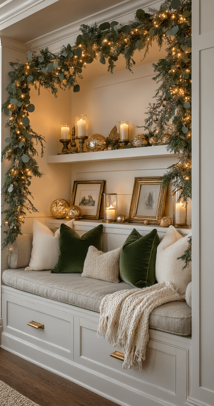 Christmas Decor 2025: A Modern Nostalgic Holiday Styling Guide A cozy holiday vignette featuring a built-in reading nook with warm wood tones, adorned with a garland of eucalyptus and pine, vintage brass picture frames, pillar candles, and clusters of oversized glass baubles, illuminated by warm LED string lights and table lamps, creating an intimate and inviting atmosphere.