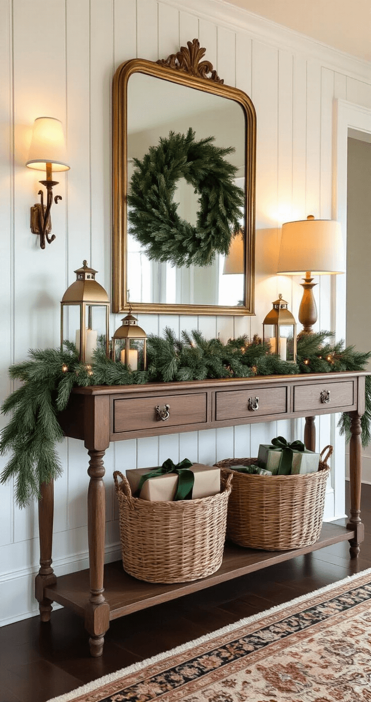 Christmas Decor 2025: A Modern Nostalgic Holiday Styling Guide Cinematic interior shot of a beautifully styled foyer featuring a vintage console table with layered holiday decorations, a statement mirror, warm afternoon light, and a welcoming atmosphere with rich textures in a nostalgic color palette.