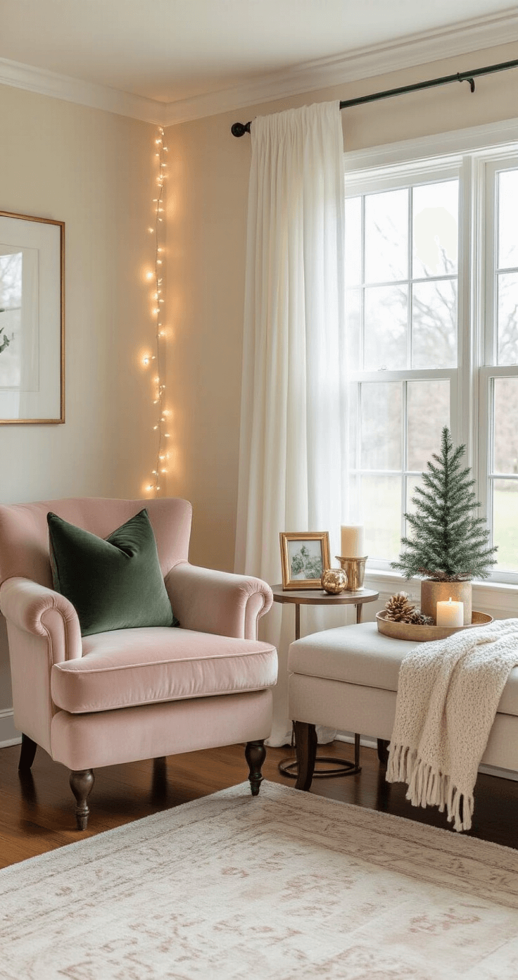 Christmas Decor 2025: A Modern Nostalgic Holiday Styling Guide Interior photograph of a cozy bedroom holiday corner with cream walls, hardwood floors, a blush velvet reading chair by a tall window, and decorative holiday elements like brass frames, a small evergreen, and fairy lights.