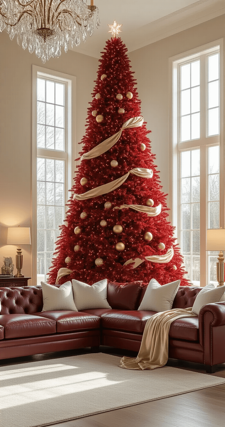 Styling a Red Christmas Tree: Transform Your Holiday Decor with Bold Elegance Photorealistic interior of a spacious living room featuring an 8-foot red artificial Christmas tree with gold ornaments, set against beige walls, a burgundy leather sectional sofa, and warm morning light illuminating cream hardwood floors.