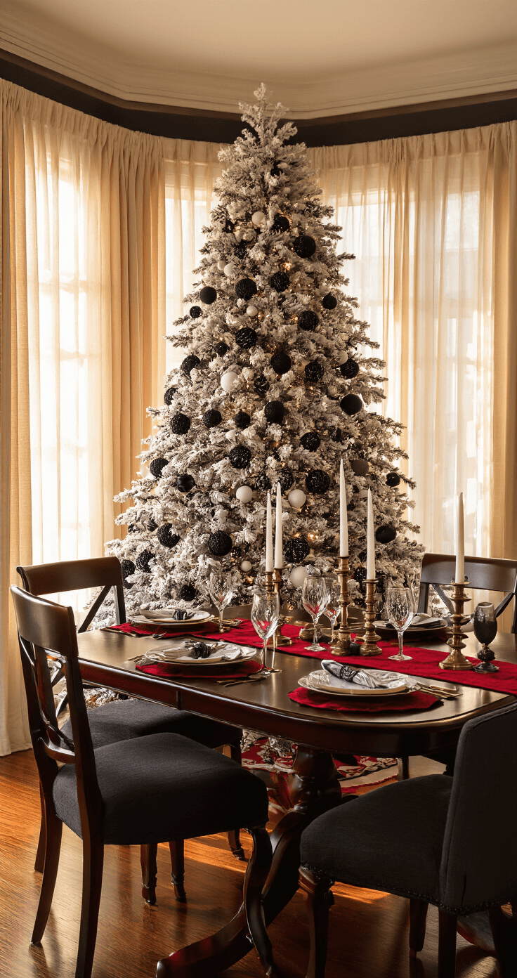 Styling a Red Christmas Tree: Transform Your Holiday Decor with Bold Elegance Intimate dining room decorated for the holidays, featuring a 6-foot flocked red Christmas tree adorned with black and white ornaments, a dark mahogany dining table set for an elegant dinner with a matching red and black table runner, surrounded by plush charcoal chairs and illuminated by antique brass candelabras in warm golden hour light.