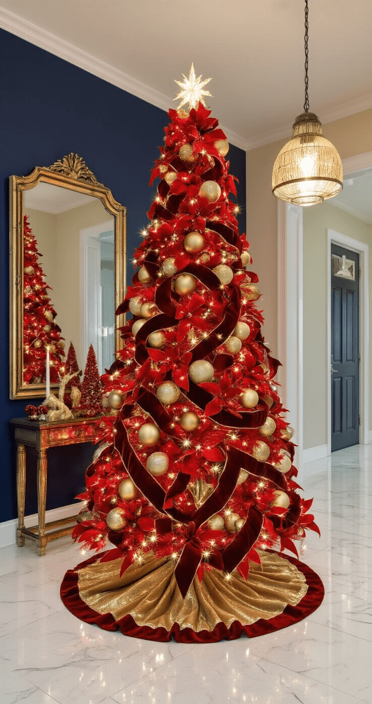 Styling a Red Christmas Tree: Transform Your Holiday Decor with Bold Elegance A dramatic entryway featuring a 7-foot pre-lit red Christmas tree adorned with gold ornaments and burgundy velvet ribbons, complemented by warm LED lighting, polished marble flooring, a modern console table with red and gold holiday accessories, and a tall mirror reflecting the tree's sparkle against a rich navy accent wall.