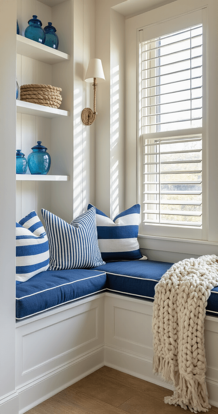 Create Your Dream Coastal Bedroom in Blue: A Tranquil Seaside Sanctuary A cozy nautical reading nook featuring a built-in window seat with navy cushions, adorned with striped pillows, illuminated by golden afternoon light streaming through plantation shutters; decorated with blue glass vessels, white coral, and a chunky cream knit throw, captured from a low angle to emphasize the space's height and moody ambiance.
