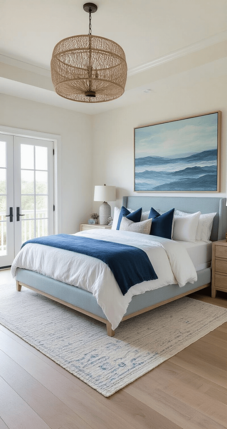 Create Your Dream Coastal Bedroom in Blue: A Tranquil Seaside Sanctuary Spacious coastal-modern bedroom suite featuring a tray ceiling, French doors to a balcony, bleached oak platform bed with a pale blue upholstered headboard, layered bedding in whites and aquas, oversized abstract seascape artwork, and a seagrass chandelier, all bathed in mid-morning light.