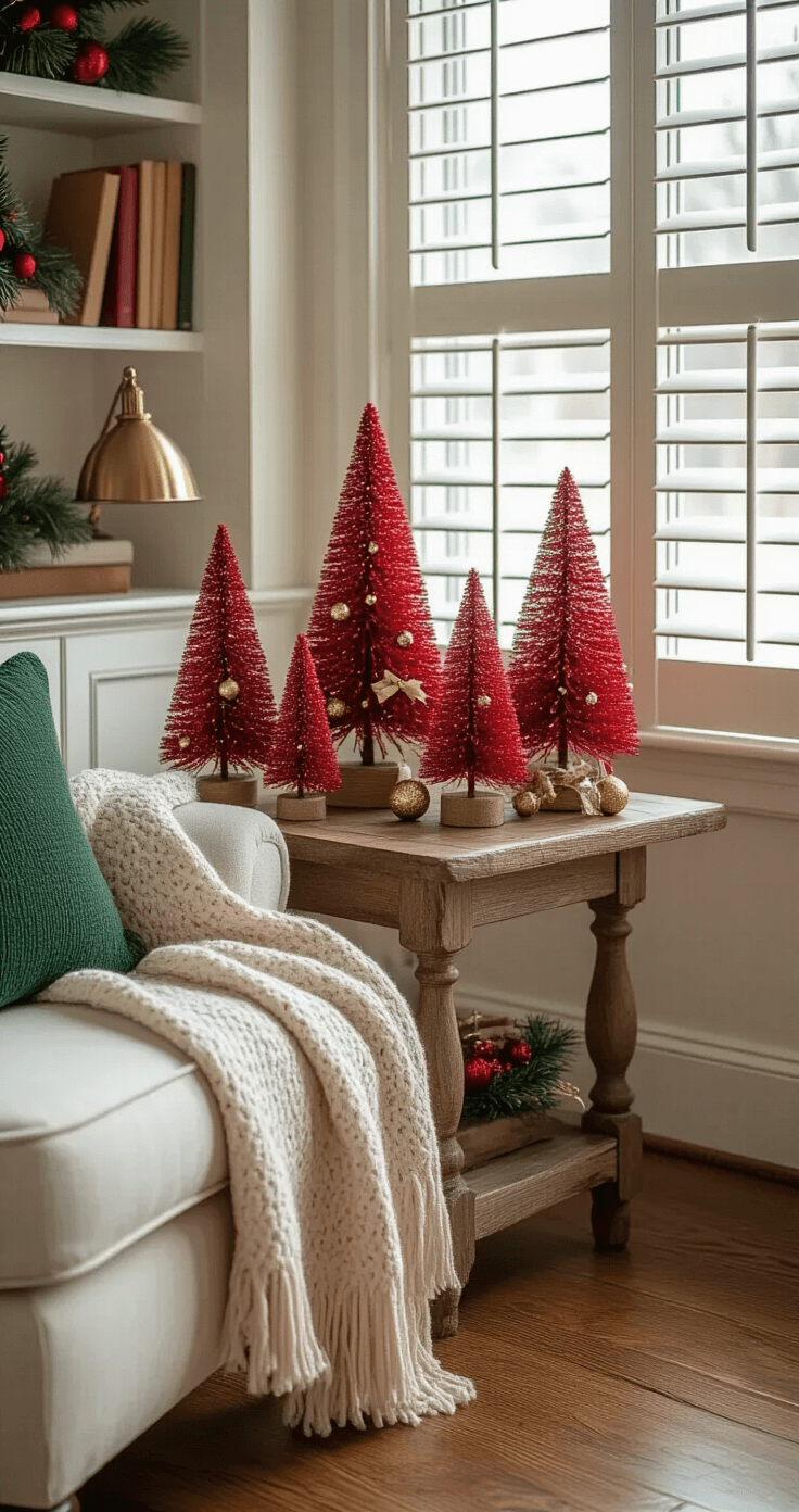 Styling a Red Christmas Tree: Transform Your Holiday Decor with Bold Elegance Close-up of a cozy corner featuring a rustic side table with an arrangement of miniature red Christmas trees, decorated with gold ornaments and ribbons, alongside an oversized cream armchair with a green throw blanket. Afternoon light filters through white plantation shutters, illuminating the warm oak flooring and a vintage brass lamp nearby. A built-in bookshelf displays holiday accessories in the background.