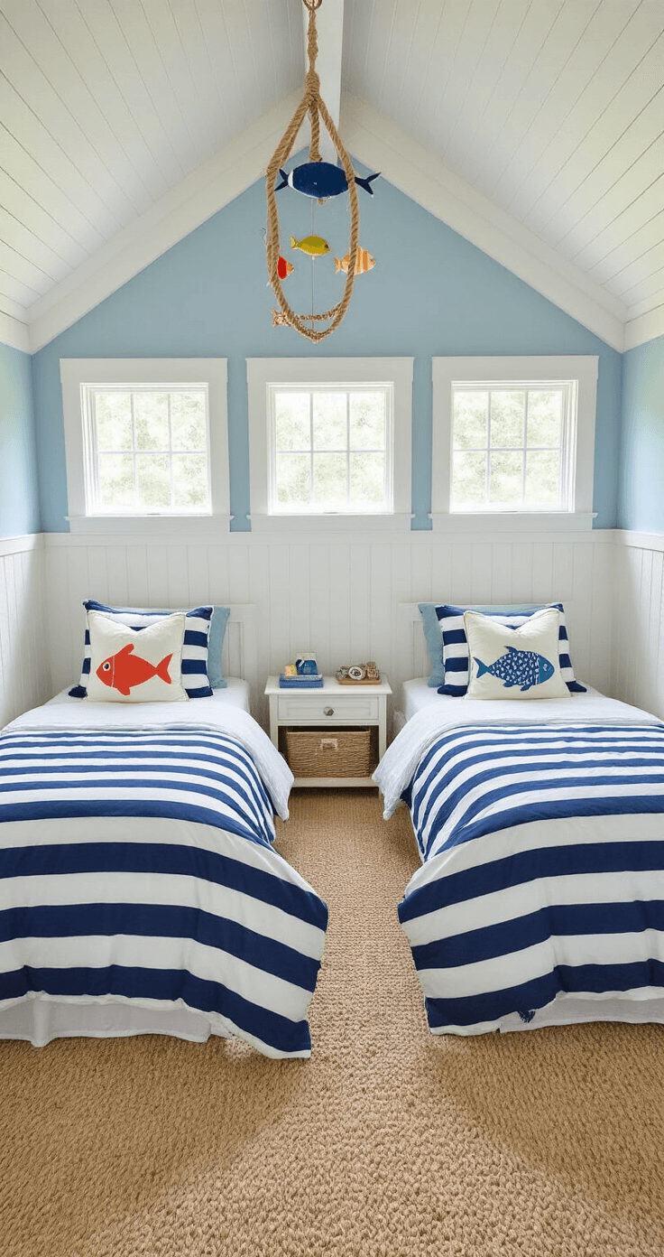 Create Your Dream Coastal Bedroom in Blue: A Tranquil Seaside Sanctuary A bright and playful coastal children's retreat featuring a symmetrical arrangement of twin beds with navy and white striped bedding and sea life pillows, white-trimmed windows letting in midday light, light blue walls with white wainscoting, a rope ladder decorative element, a sandy beige natural fiber carpet, and a maritime-themed mobile hanging from the cathedral ceiling.