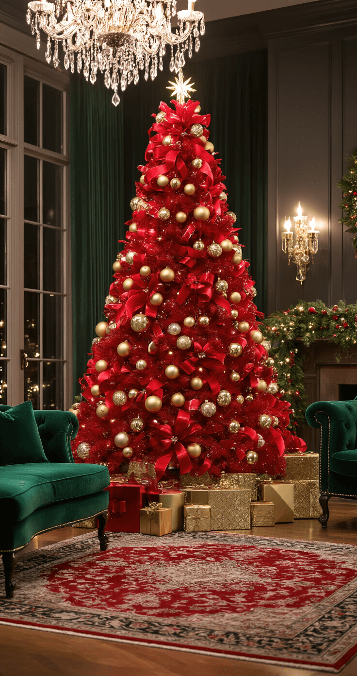 Styling a Red Christmas Tree: Transform Your Holiday Decor with Bold Elegance Luxurious holiday party scene with a red Christmas tree adorned with gold ornaments, surrounded by elegant emerald velvet seating, a Persian rug, and ambient lighting, creating an opulent atmosphere.
